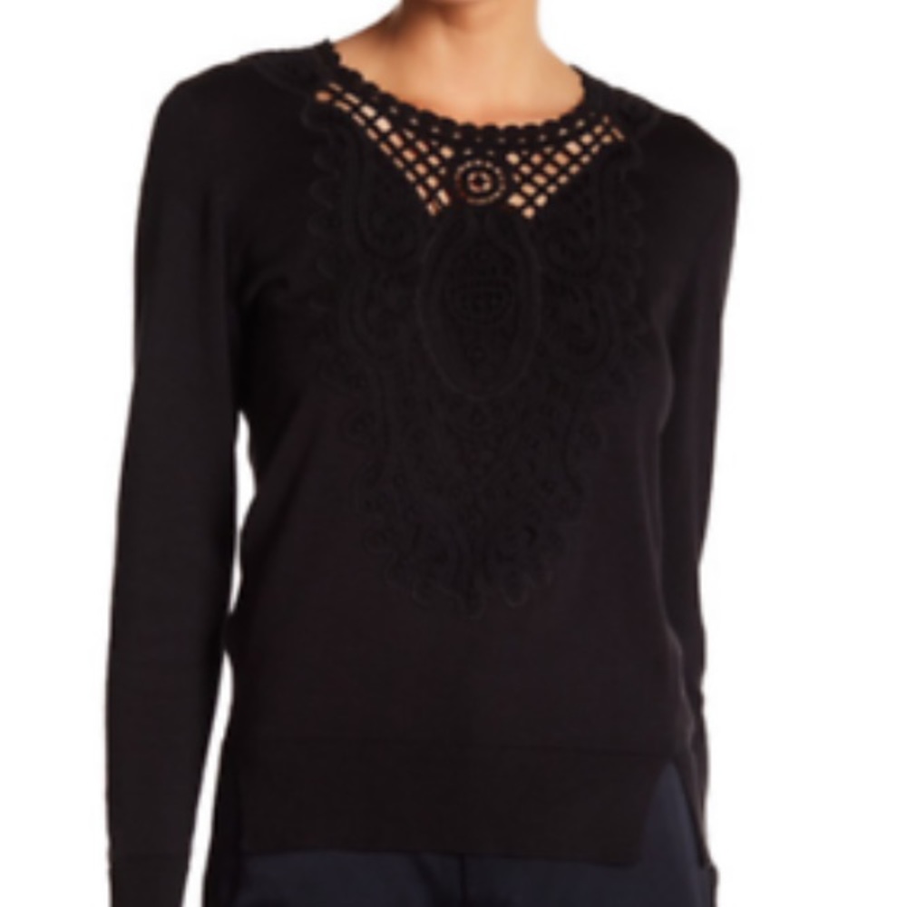 Kobi Halperin Madeline crew neck sweater navy with crochet embroidery